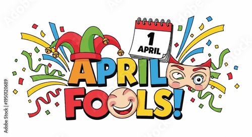 Colorful april fools' day celebration with confetti and jester hat on white background