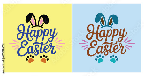 Happy Easter bunny ears and paw prints paws.