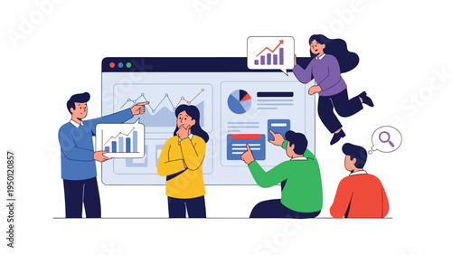 Illustration of a diverse group of people collaborating and analyzing data on a large computer screen with graphs and charts in a modern office setting.