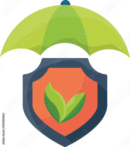  A shield design with an umbrella and a green leaf, representing safety and environmental care.