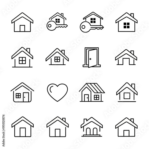 Various house icons and a heart.