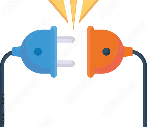 Two electrical plugs, with one emitting a bright light, illustrating a power connection.