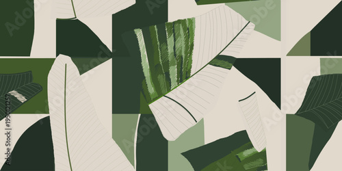 Modern abstract geometric leaves print. Hand drawn minimalist collage contemporary seamless pattern. 