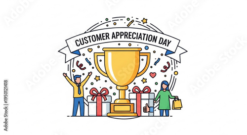 Customer appreciation day celebration with gifts and trophy people rejoicing