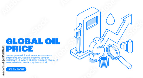 Global oil price concept isometric landing page with fuel pump barrels and financial chart vector illustration