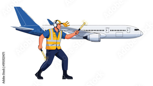 Guiding the Sky: A ground crew member meticulously directs an aircraft on the tarmac, ensuring safe maneuvers with signal batons and a vigilant eye. 