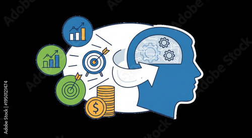 Business strategy and financial growth concept with human head and target icons on black background