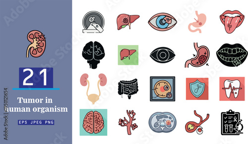 This comprehensive collection of medical icons vividly illustrates various human organs, body parts, and biological systems potentially affected by tumors, cancer, and other related illnesses