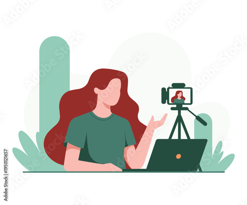 Content creator woman recording with camera and laptop tripod.