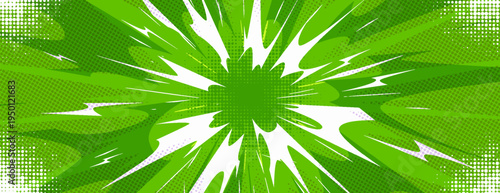 Comic book burst background with radial rays and halftone dots, cartoon vector illustration, dynamic red pop art banner for super hero action scenes and manga-style graphic designs.