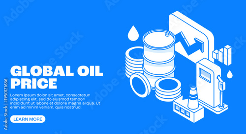 Global oil price concept isometric landing page with fuel pump barrels and financial chart vector illustration