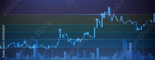Financial market chart, stock price movements with blue candlestick graphs, trading data analysis, and economic growth indicators on digital screen, abstract vector background
