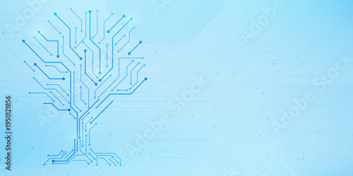 Digital circuit tree with roots, abstract vector background. Neon blue electronic line branches, data network concept, AI innovation and futuristic technology banner