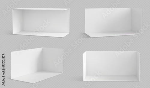 Exhibition stand mockup with empty white walls. Vector realistic illustration of modern 3D booth template, blank display panels for trade show product presentation, expo event showroom, branding model