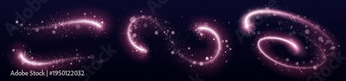 Magical pink glitter trail with sparkling dust particles and glowing star rays, vector swirl effect on dark transparent background. Festive wavy designs elements, shimmering powder