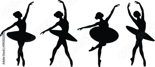 Ballet dancer silhouette collection with four poses, classical dance art vector illustration, graceful movement design, cad drawing flat vector illustration