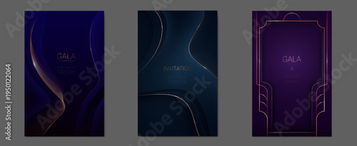 Elegant purple and blue abstract vector background with flowing golden thin lines and premium light effect. Luxurious award invitation with curved metal borders, gold frame banners