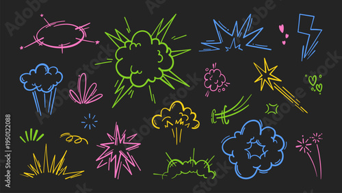 Colour comic book action emphasis with explosive cartoon effects, vector set isolated on black. Super hero power line icons, motion burst elements, doodle manga illustrations, anime pattern