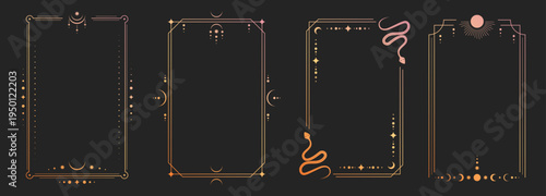 Mystical tarot card back with celestial sun, moon and stars in ornate golden frame, vector illustrations. Esoteric borders with magic symbols, spiritual snake patterns for horoscope design.