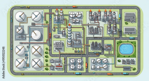 Aerial View of Industrial Complex with Tanks and Processing Units.