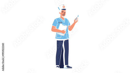 Healthcare Professional Ready for Duty: An illustrated healthcare professional stands poised, ready to administer an injection, clutching a clipboard and needle, set against a pristine backdrop.