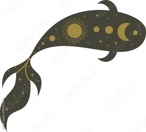 Celestial mystical fish swimming with sun and moons