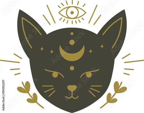 Mystical black cat head with crescent moon stars and third eye