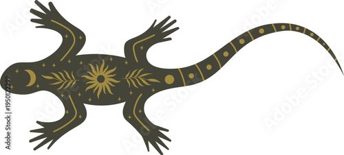 Stylized lizard with celestial and botanical bohemian patterns