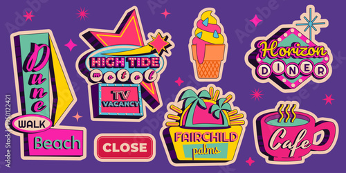 Vintage neon bar and motel signs with retro arrows and glowing lights. Vector cartoon illustration of classic American roadside signage set, vibrant nostalgic hotel, cafe, diner signboard collection