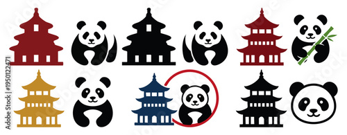 CHINA HERITAGE - Traditional pagoda silhouette next to a panda icon  Flat Vector Illustration on Transparent Background