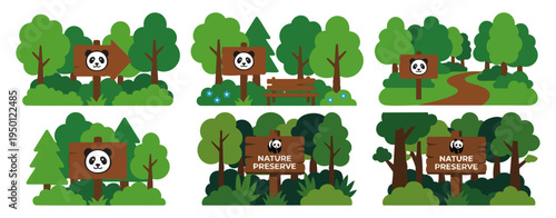 NATURE PRESERVE - Wooden signpost with a panda symbol in a lush forest  Flat Vector Illustration on Transparent Background