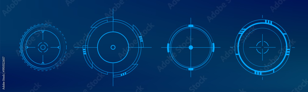 Fototapeta premium Futuristic hud circles with glowing digital frame, neon target interface, abstract vector illustrations isolated on background. High tech game screen elements for sci-fi design projects