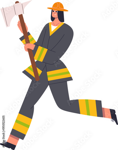 Woman firefighter running with axe for emergency rescue