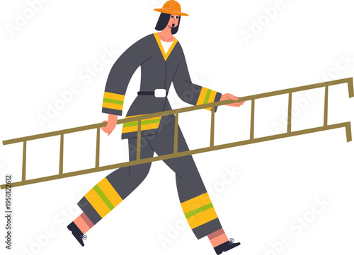 Female firefighter carrying a ladder working