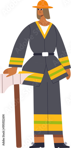 Female firefighter standing with axe profession concept