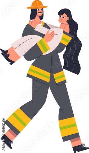 Firefighter carrying woman providing emergency rescue assistance