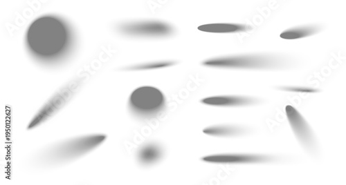 Shadow overlay mockups with realistic drop light effect, vector set isolated on white background. Shade blured design templates with soft gradient, round and oval object shadow pack