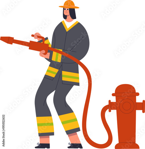 Firewoman holding fire hose connected to hydrant