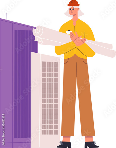 Female engineer holding blueprints standing near server racks