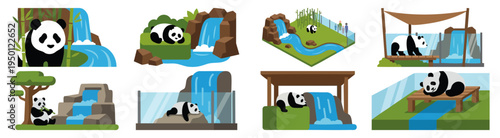  ZOO ENCLOSURE - Modern habitat with a waterfall and a panda resting  Flat Vector Illustration on Transparent Background