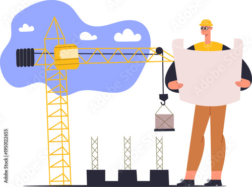 Construction worker planning building project with tower crane
