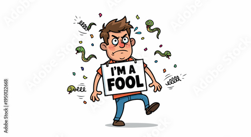 Cartoon illustration of a man holding a sign that reads 'I'M A FOOL' surrounded by colorful confetti and squiggles on a white background.