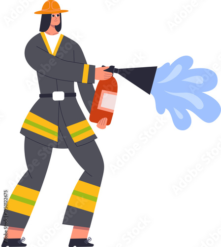 Female firefighter operating fire extinguisher during emergency training