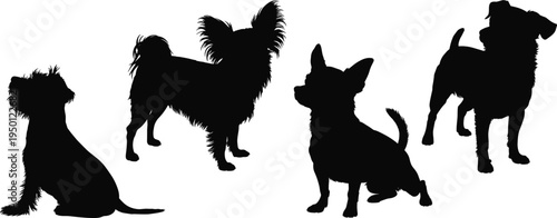 Dog silhouette collection with four small breeds, pet animal vector illustration, domestic canine design art, cad drawing flat vector illustration
