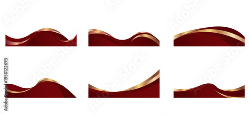 Elegant gold wave design with flowing curves and decorative corner elements, abstract vector background set. Luxury red and golden borders for certificates, invitations, and premium frame templates
