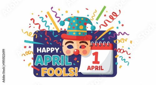 Colorful april fools' day illustration with jester hat and calendar on white background with confetti