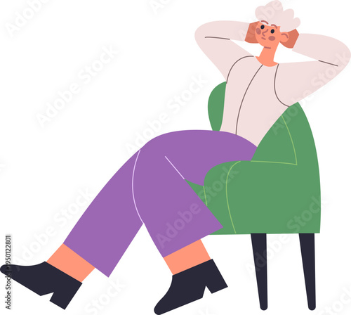 Person relaxing in armchair with hands behind head