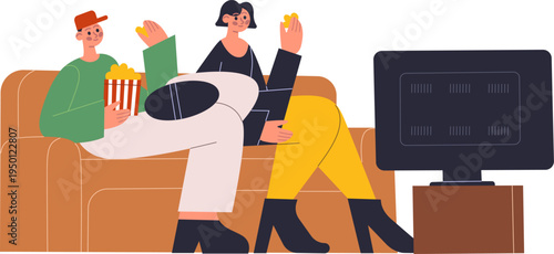 Couple watching television at home eating popcorn