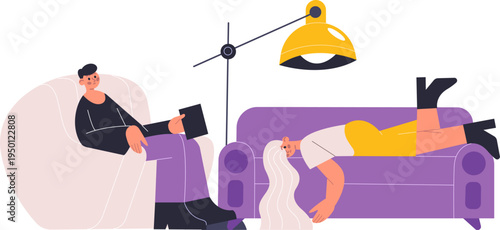 Therapist consulting sad woman lying on couch during session