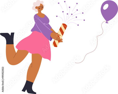 Woman celebrating a party with popper and balloon